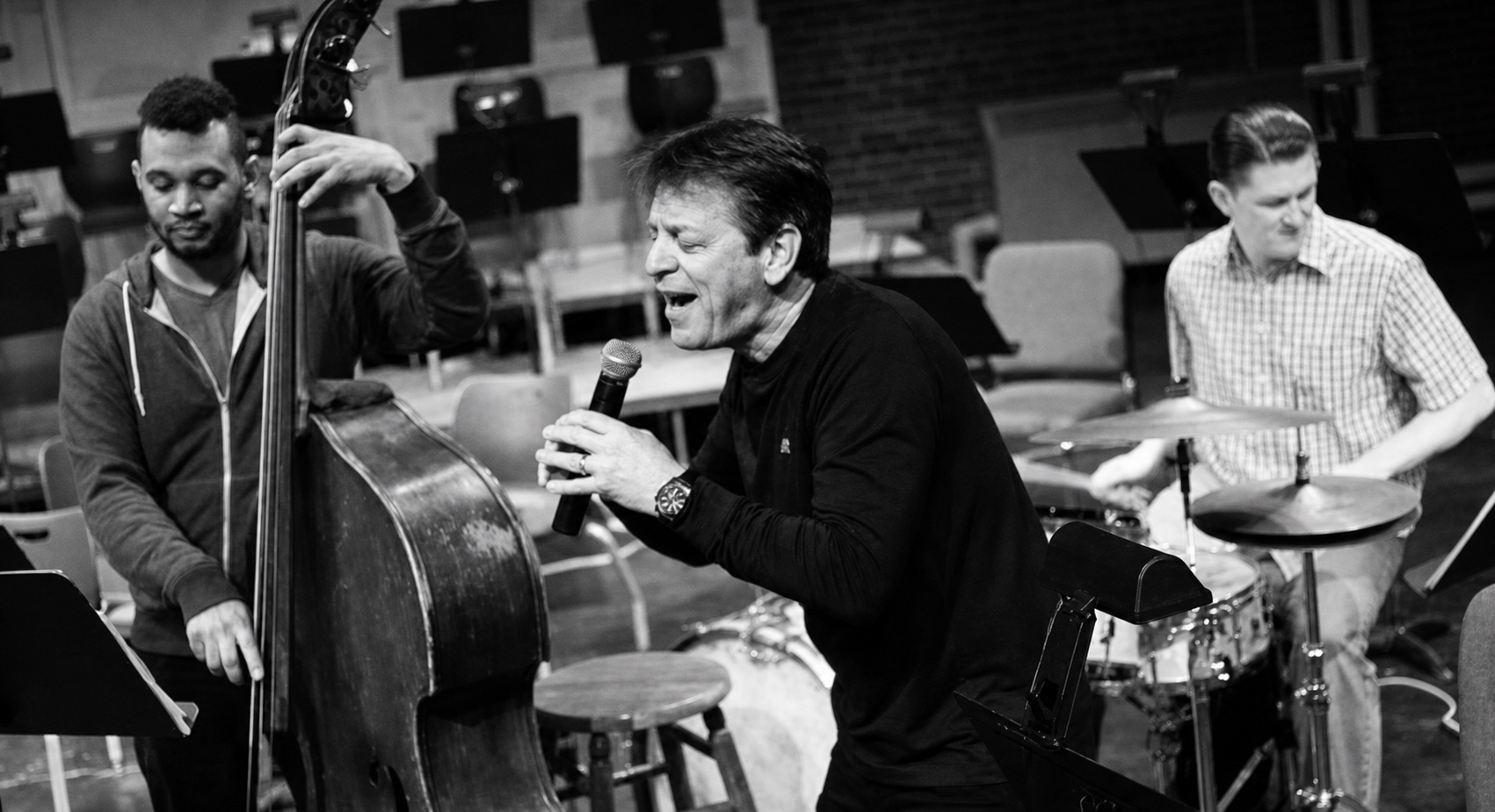 Steve March-Tormé singing with his rhythm section — upright bass and drums